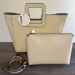 STAUD Croc-Embossed CREAM Tote with Square Top Handle and Adjustable Strap